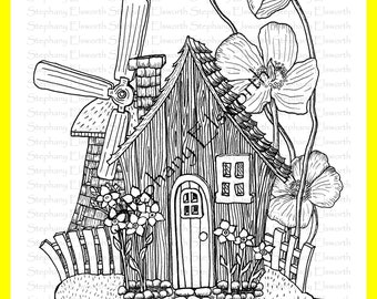 Fairy Cottage con mulino a vento 8 1/2 x 11 Pagina da colorare stampabile per il download istantaneo