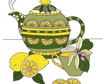 Pagina da colorare stampabile a download immediato, formato 8 1/2 x 11, con tè al limone.