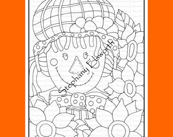 Espantalho e girassóis 8 1/2 x 11 página para colorir para download instantâneo para impressão