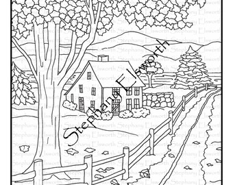 House and River 8 1/2 x 11 Printable Instant Download Coloring Page