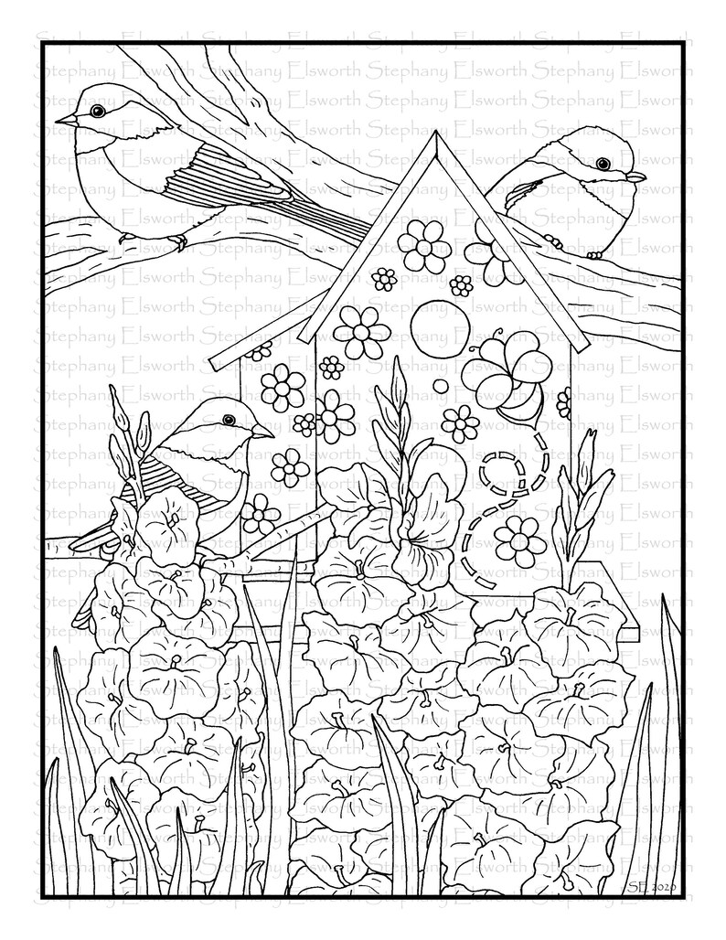 Download Blossoms and Birds Set 5 PDF Coloring Book Pages 21-25 | Etsy