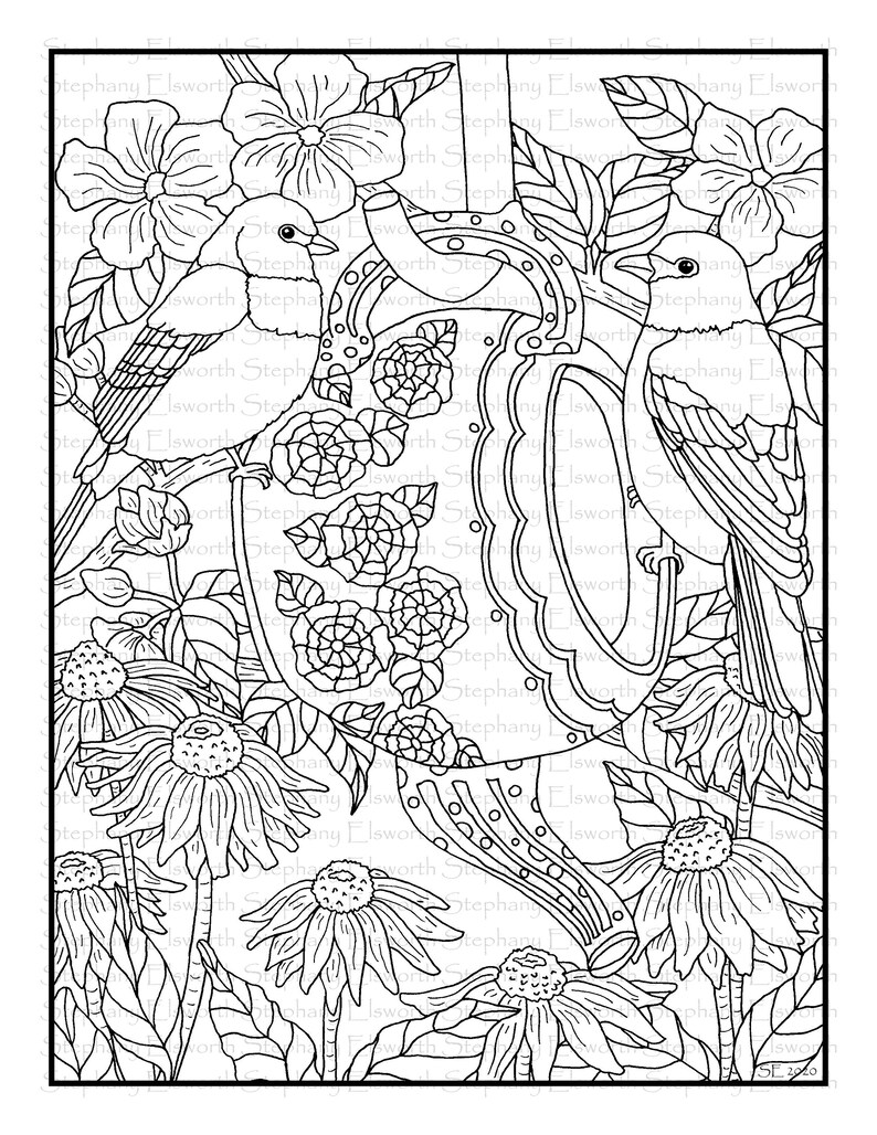 Download Blossoms and Birds Set 2 PDF Coloring Book Pages 6-10 | Etsy