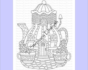 Teapot and Teacups Fairy House Printable Instant Download Coloring Page