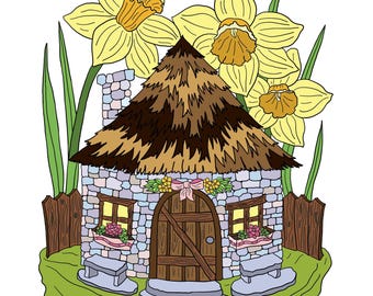 Página para colorir imprimível para download instantâneo da casinha de fadas de barro em formato carta/A4.