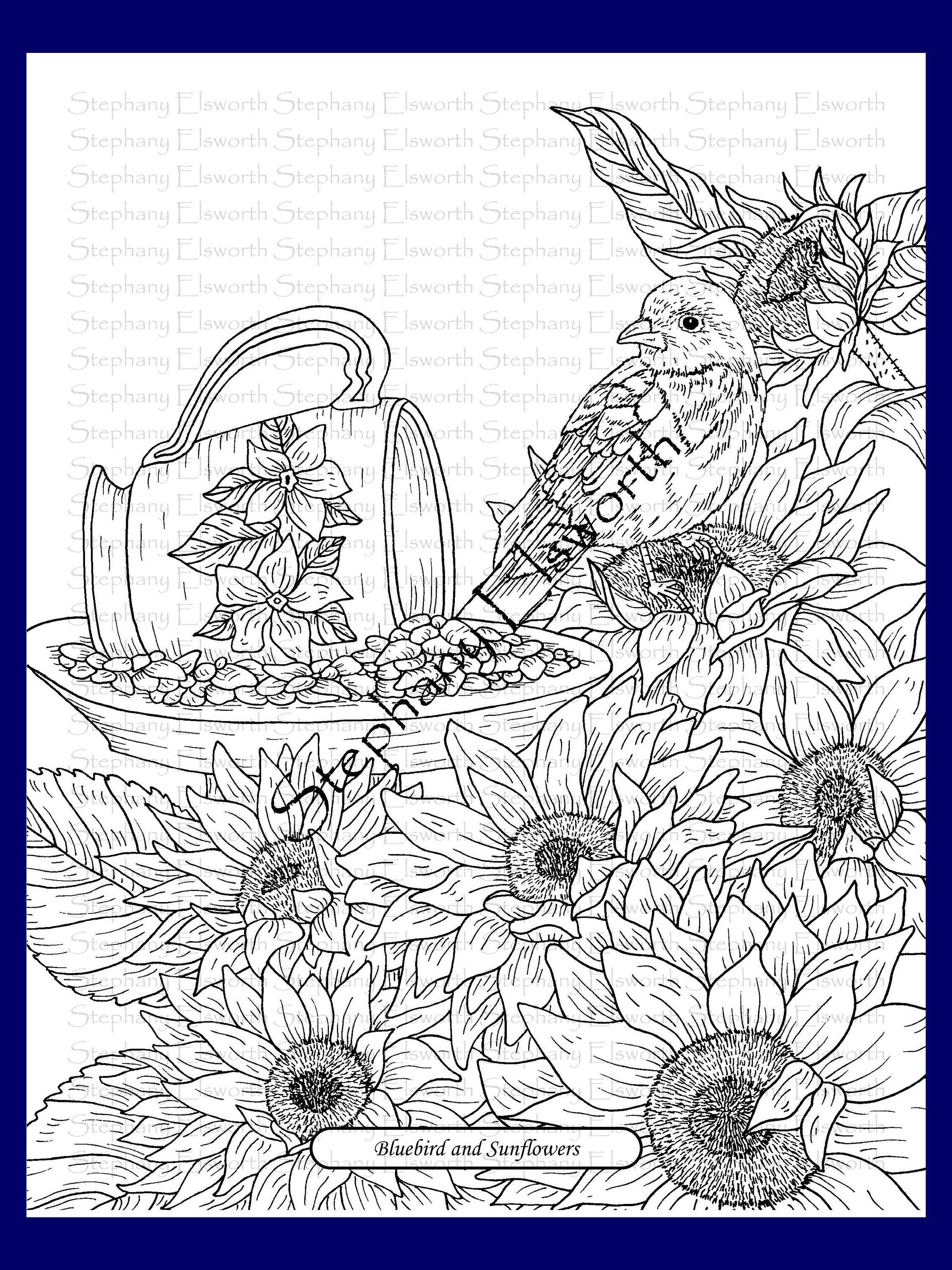 Bluebird and Sunflowers 200 200/20 x 200200 Instant Download Printable Coloring Page