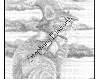 Kitten on Broomstick Grayscale Printable Instant Download Coloring Page