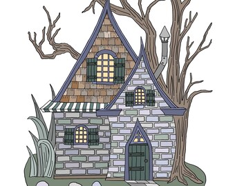 Página para colorir imprimível para download instantâneo de uma casinha de fadas de tijolos e telhas (tamanhos LTR/A4).