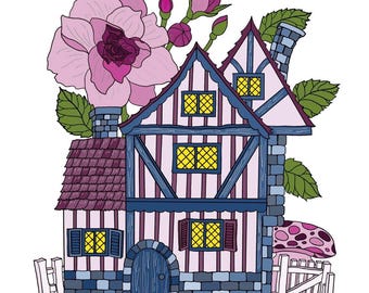 Página para colorir imprimível para download instantâneo de uma casa de fadas em estilo Tudor, tamanho carta/A4.