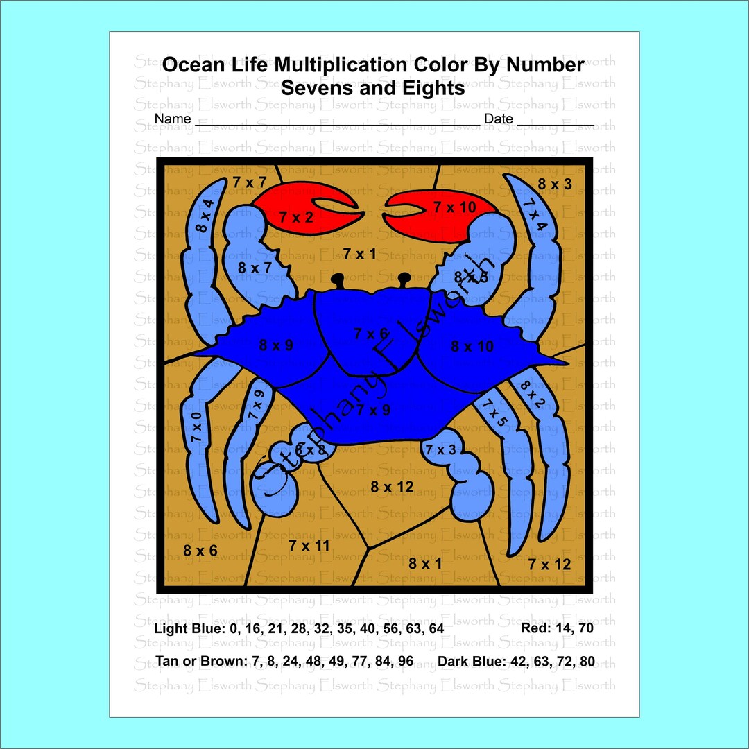 Kids Worksheets: Ocean Life Multiplication Color by Number Set of 10 - Etsy