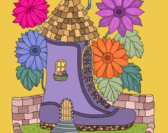 Página para colorir imprimível para download instantâneo da Casa da Fada da Bota (tamanho A4).