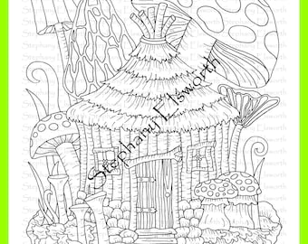 Twig Fairy House 8 1/2 x 11 Printable Instant Download Coloring Page