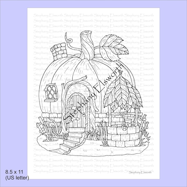 Pumpkin and Wishing Well Fairy House Printable Instant Download Coloring Page