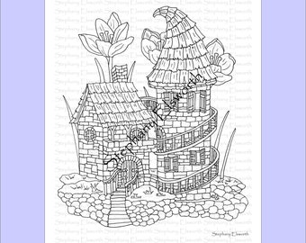 Disegno di Stone Fairy Castle Printable Instant Download da colorare