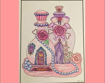 Flacone di profumo e casa delle fate - Pagina da colorare stampabile e scaricabile immediatamente