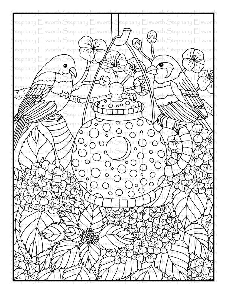 Download Blossoms and Birds Set 2 PDF Coloring Book Pages 6-10 | Etsy