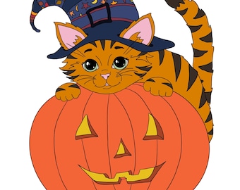 Desenho para colorir de um gatinho em uma abóbora de Halloween, tamanho carta/A4, para imprimir e baixar instantaneamente.
