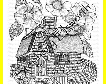 Stone and Thatch Fairy House 8 1/2 x 11 Printable Instant Download Coloring Page