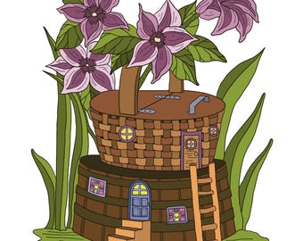 Página para colorir para download instantâneo de casinha de fadas com vaso e cesta, tamanho carta/A4, para imprimir.