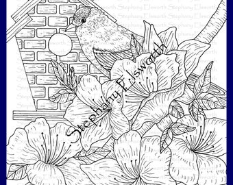 Cardellino e azalee 8 1/2 x 11 Pagina da colorare stampabile con download istantaneo