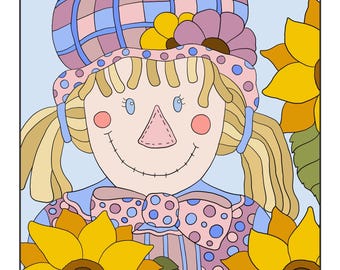 Espantapájaros y girasoles (tamaño carta/A4) - Página para colorear imprimible de descarga instantánea