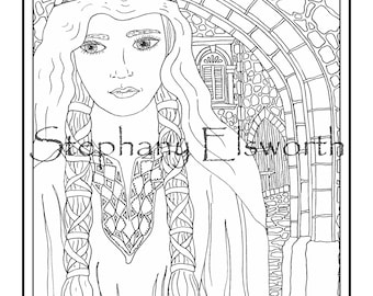 Página para colorir para download digital de garota da vila medieval para impressão