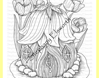 Casa delle fate con tetto fiorito 8 1/2 x 11 Pagina da colorare stampabile con download istantaneo