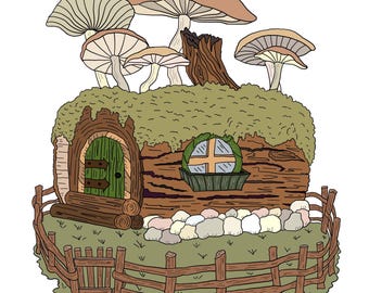 Página para colorir imprimível para download instantâneo da casinha de fadas em tronco de árvore (tamanho A4).