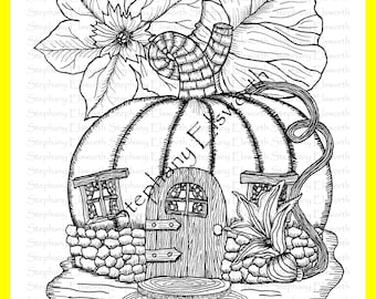Pagina da colorare di download immediato stampabile di Pumpkin Fairy Cottage 8 1/2 x 11
