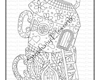 Teacup Fairy House 8 1/2 x 11 Printable Instant Download Coloring Page