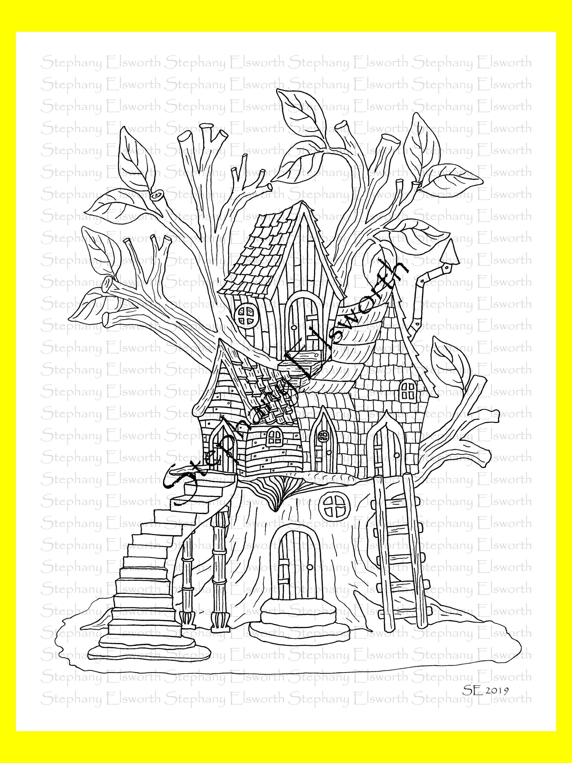 fairy treehouse 8 1 2 x 11 printable instant download coloring etsy