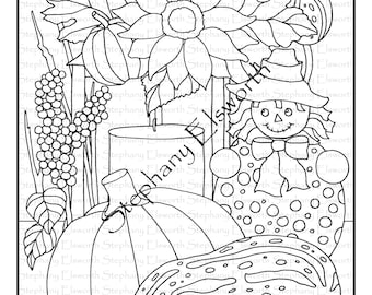 Pumpkin, Scarecrow and Candle 8 1/2 x 11 Printable Instant Download Coloring Page