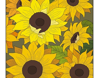 Página para colorir de girassóis de outono, tamanho LTR/A4, para download instantâneo e impressão.