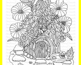 Pagina da colorare per il download istantaneo stampabile di Wood and Leaf Fairy Cottage 8 1/2 x 11