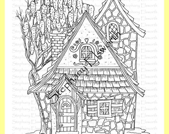 Página para colorir para download instantâneo da Casinha de Fadas Wisteria Cottage, tamanho 8 1/2 x 11 (imprimível).