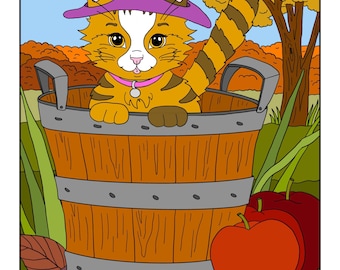 Página para colorir para imprimir e baixar instantaneamente: Gatinho em uma cesta de maçãs (tamanho A4).