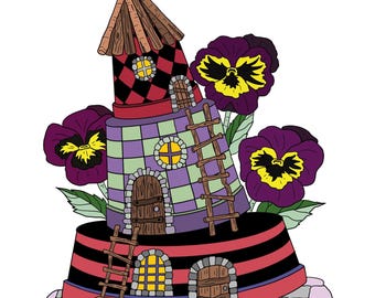 Página para colorir imprimível para download instantâneo da casinha de fadas em vaso de flores, tamanho carta/A4.