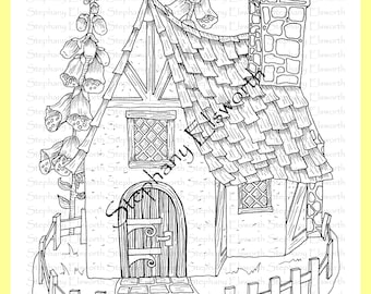 Fairy Cottage con Foxgloves 8 1/2 x 11 Pagina da colorare stampabile con download istantaneo