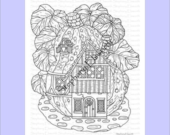 Pagina da colorare stampabile a forma di casetta delle fate in zucca, download immediato.