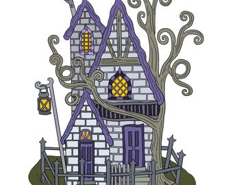 Página para colorir imprimível para download instantâneo em formato carta/A4 da Casa de Fadas Ligeiramente Assombrada
