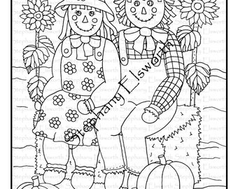 Spaventapasseri su balla di fieno 8 1/2 x 11 pagina da colorare stampabile per il download istantaneo