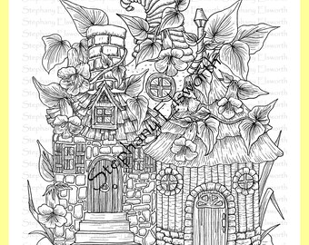 Bottle Fairy Houses 8 1/2 x 11 Printable Instant Download Coloring Page