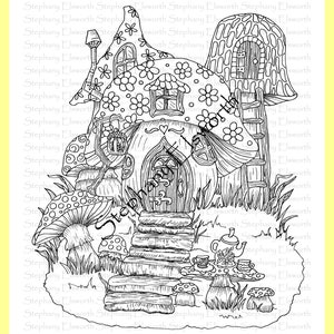 Teatime at Mushroom Cottage 8 1/2 x 11 Printable Instant Download Coloring Page
