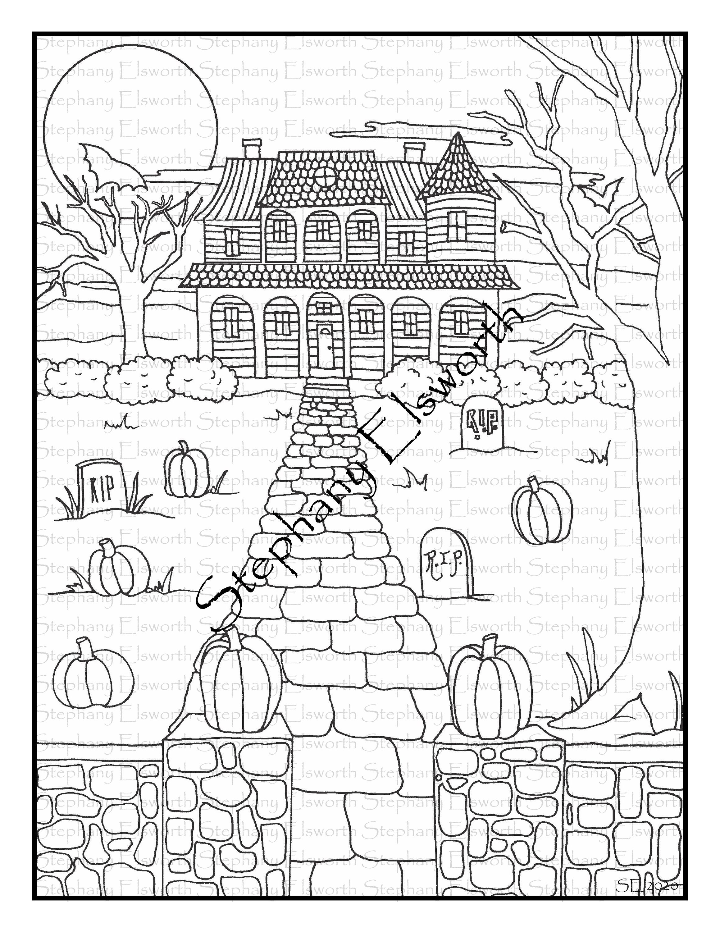 Printable Halloween Coloring PageInstant DownloadDigital File Halloween Haunted House and Moon10 x 8 Printable