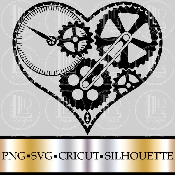 Mechanical Heart Steampunk Gears Cogs Clockwork Vintage Victorian SVG PNG Digital File Instant Download