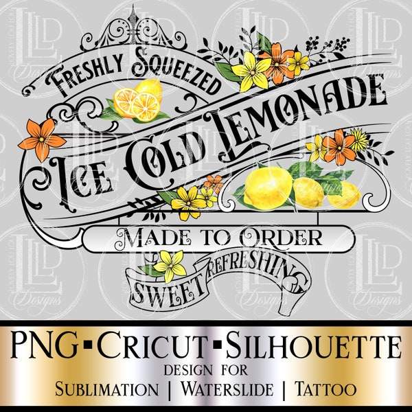Freshly Squeezed Ice Cold Lemonade Vintage Label Instant Download | Lemonade Sign PNG Digital Design for Sublimation, Waterslide, Tattoo