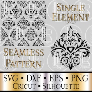 May include: A black and white damask pattern design. The design is available as a seamless pattern and as a single element. The design is available in SVG, DXF, EPS, and PNG formats. The design is compatible with Cricut and Silhouette cutting machines.