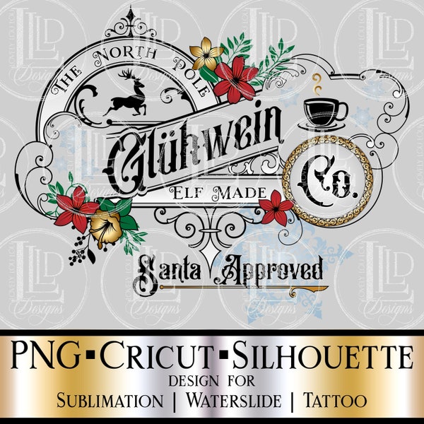 The North Pole Gluhwein Company Red Flowers Instant Download | Vintage Mulled Wine Christmas Mug Label PNG Digital Design Cricut, Silhouette