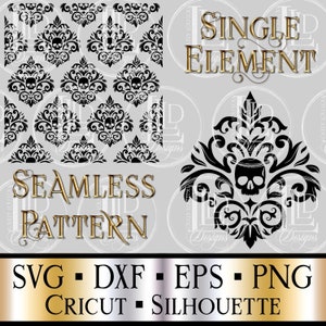 Deadly Skull Damask Seamless Pattern | Baroque, Vintage, Victorian, Gothic Custom Design | SVG, DXF, PNG Download for Cricut, Silhouette
