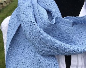Handwoven Huck Lace Cotton Scarf – Light Blue Spring Summer