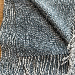 Silver, Natural, and Teal Blue Tencel Handwoven Scarf with Fringe image 9